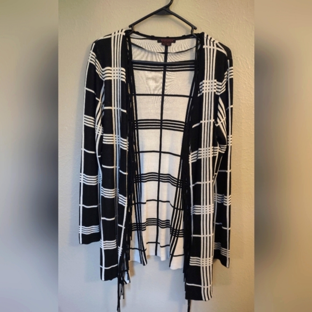 Fontana Black & White Plaid Open Cardigan Sweater with Fringe - Women's Size Med - Picture 2 of 11